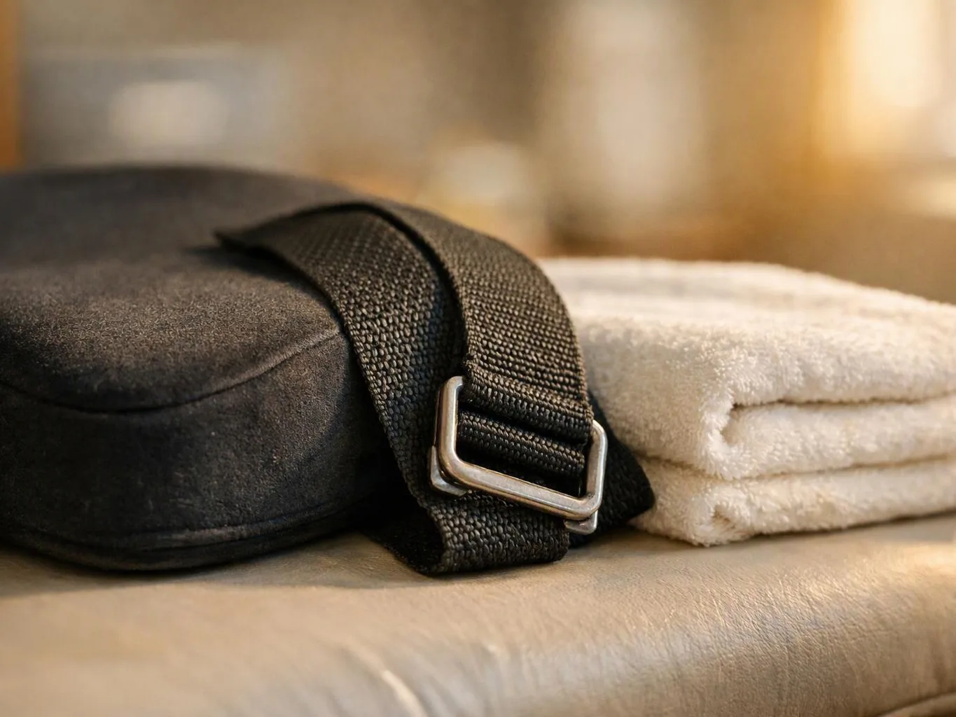 A black bag with a strap and buckle sits beside folded white towels on a leather surface