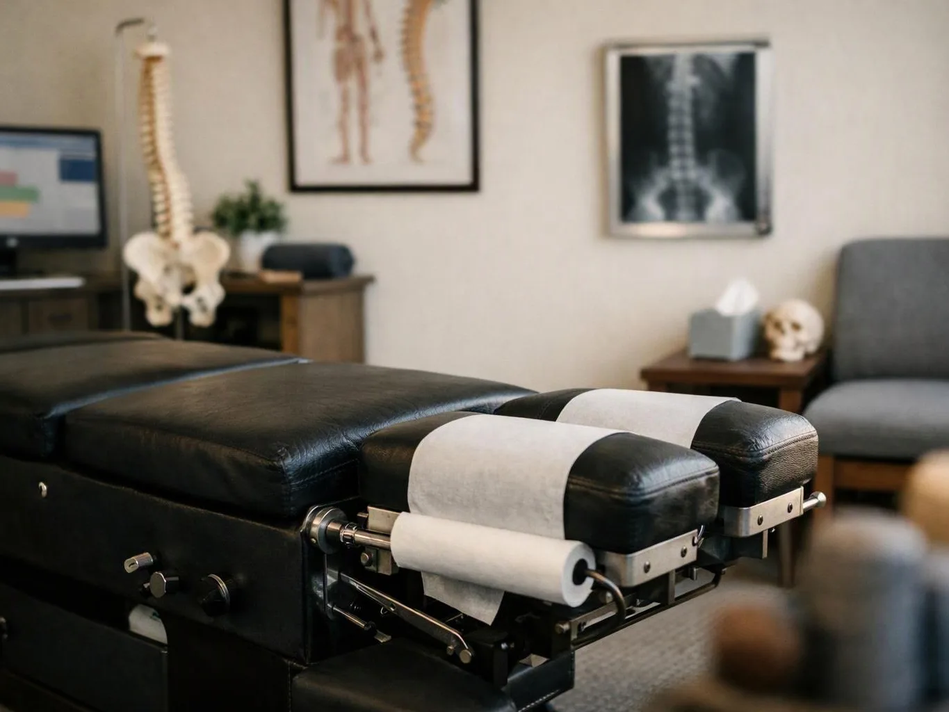 A black chiropractic table sits in a treatment room with spine posters, a skull model, and medical equipment nearby
