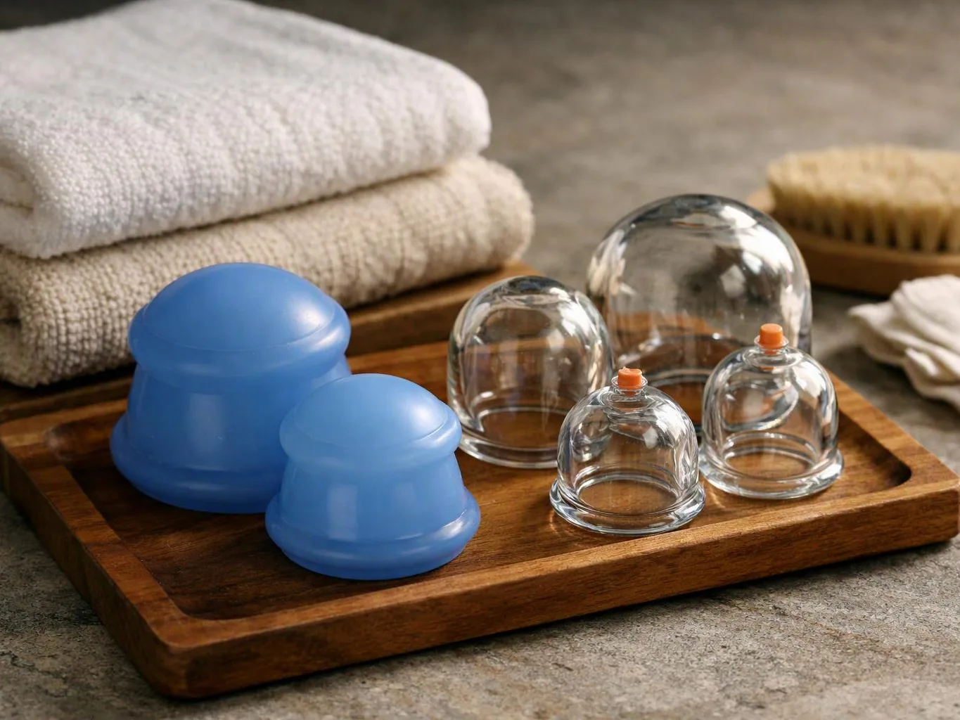 Blue and clear silicone suction cups sit on a wooden tray beside folded towels and a brush