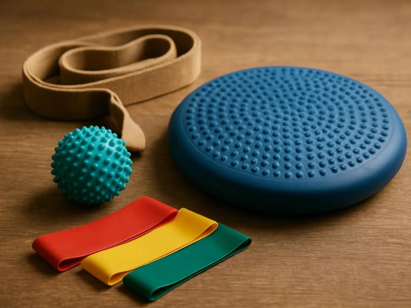 A blue textured balance disc, a teal spiky ball, a tan resistance band