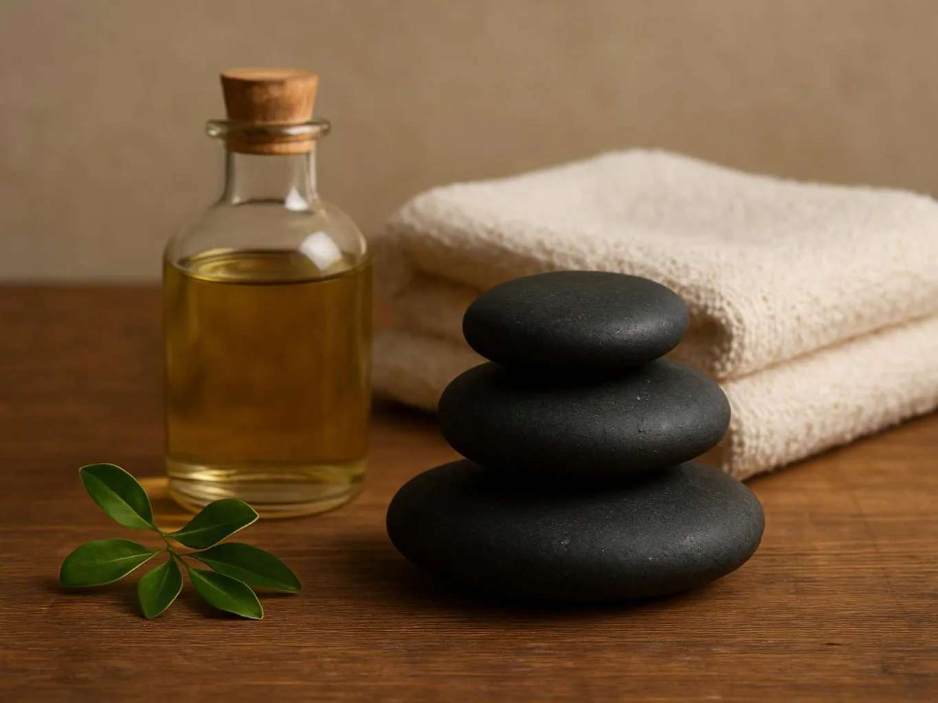 A bottle of oil, folded towels, stacked black stones, and green leaves sit on a wooden table