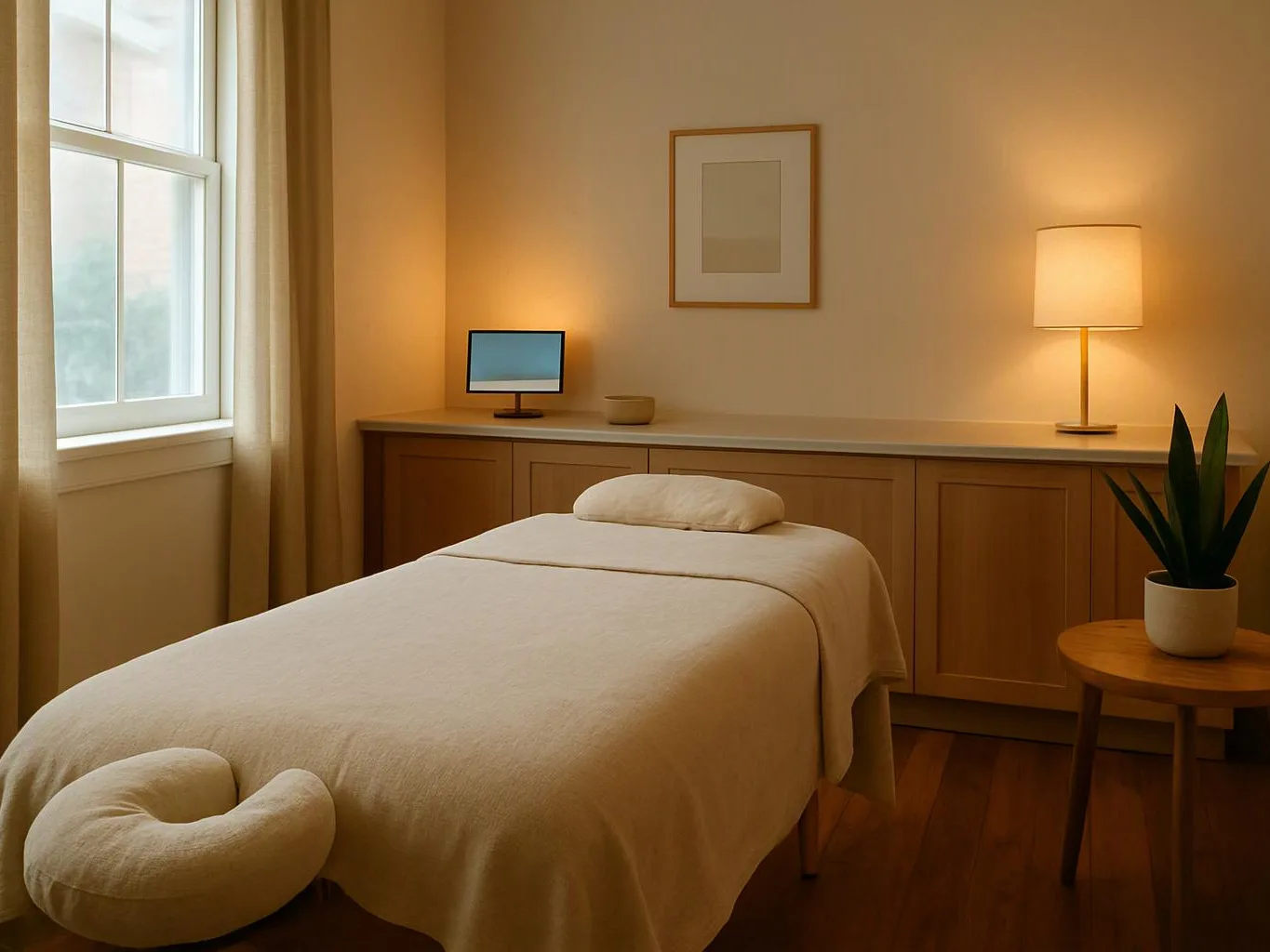 A calm massage room shows a treatment bed, soft lamps, a window, and a small table with a plant