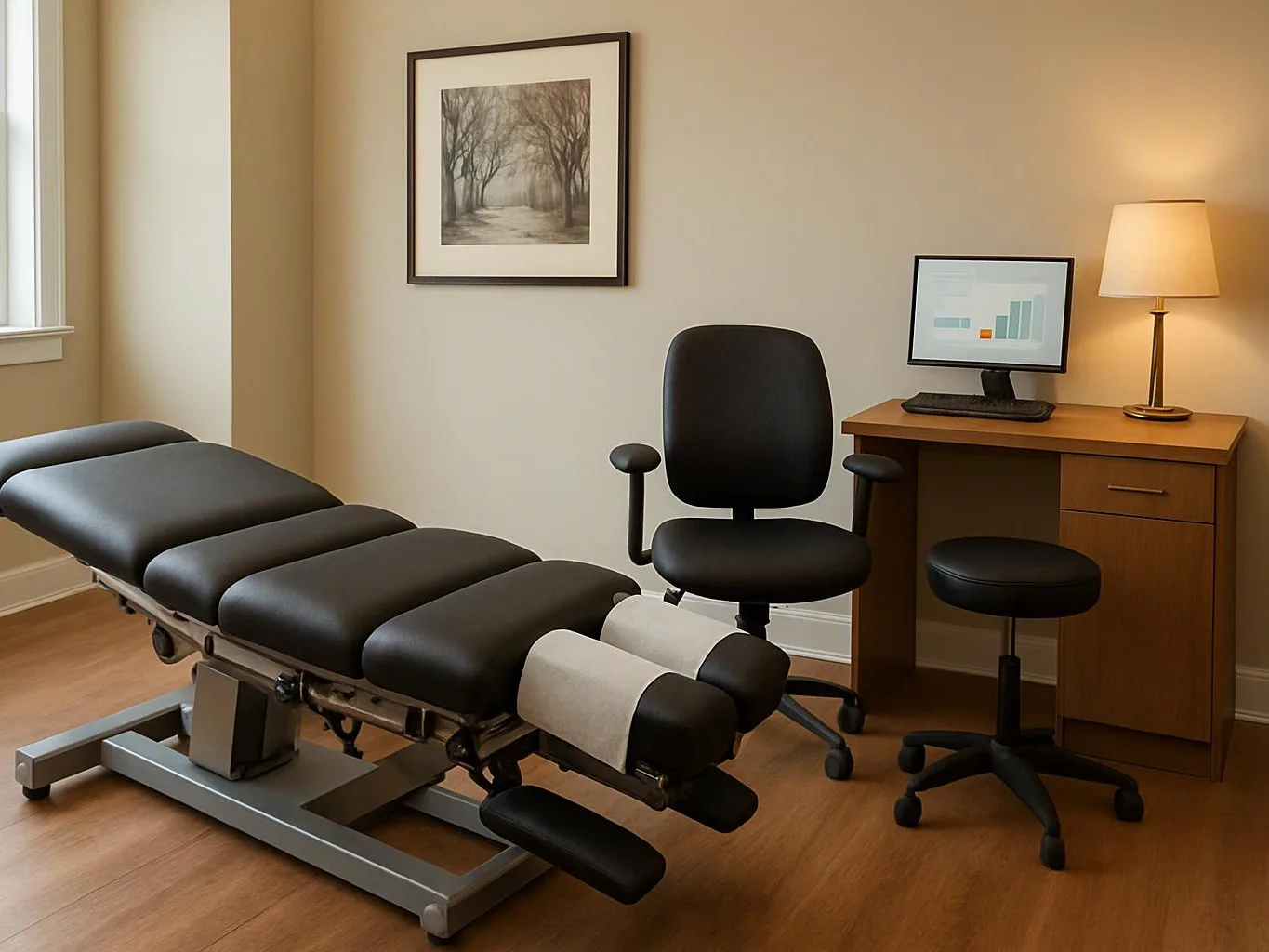 A chiropractic exam room shows a padded treatment table, desk, lamp, computer, and office chair