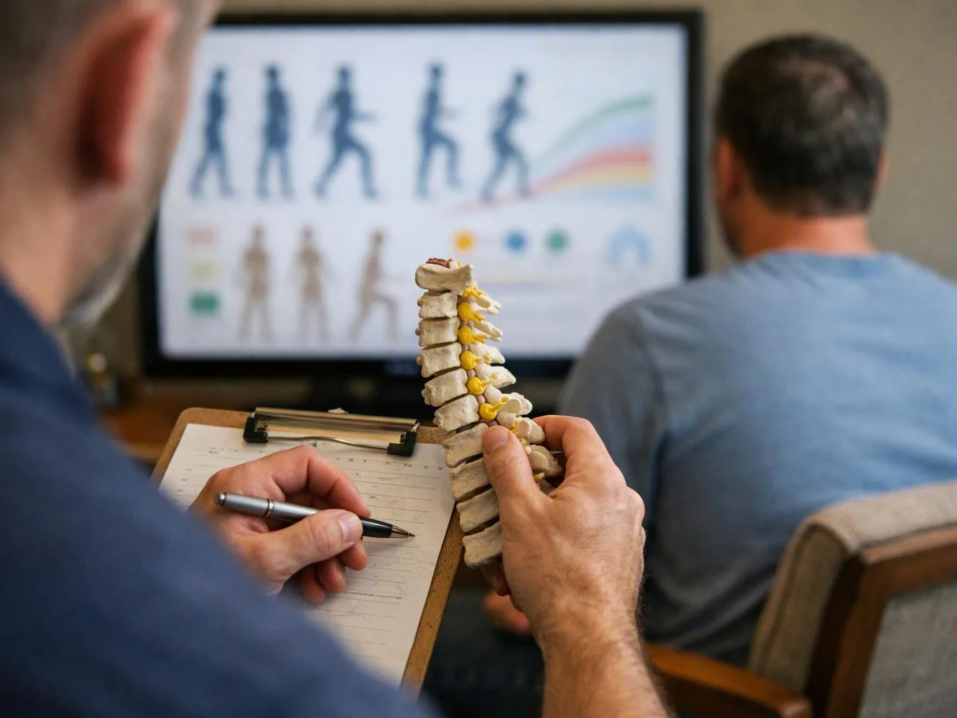 A clinician holds a spine model and takes notes while people watch a presentation on a monitor