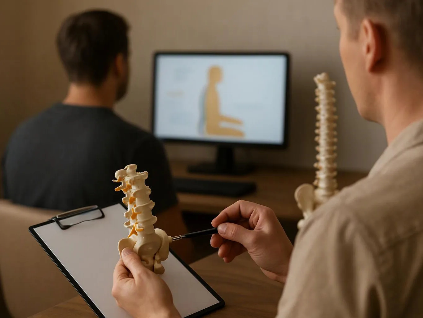 A clinician points to a spine model while two people watch a medical presentation on a monitor