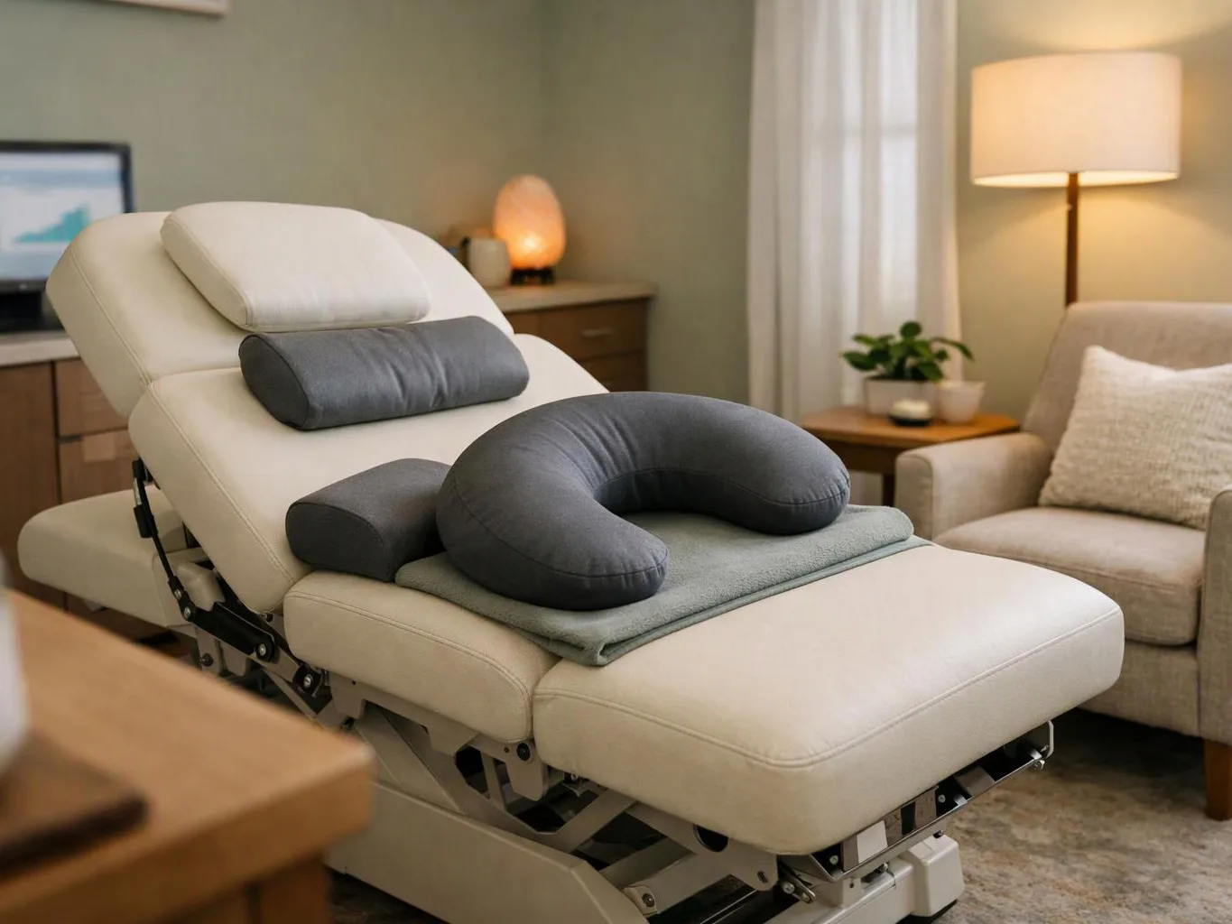 A cream massage chair with cushions sits in a softly lit living room beside a lamp and armchair