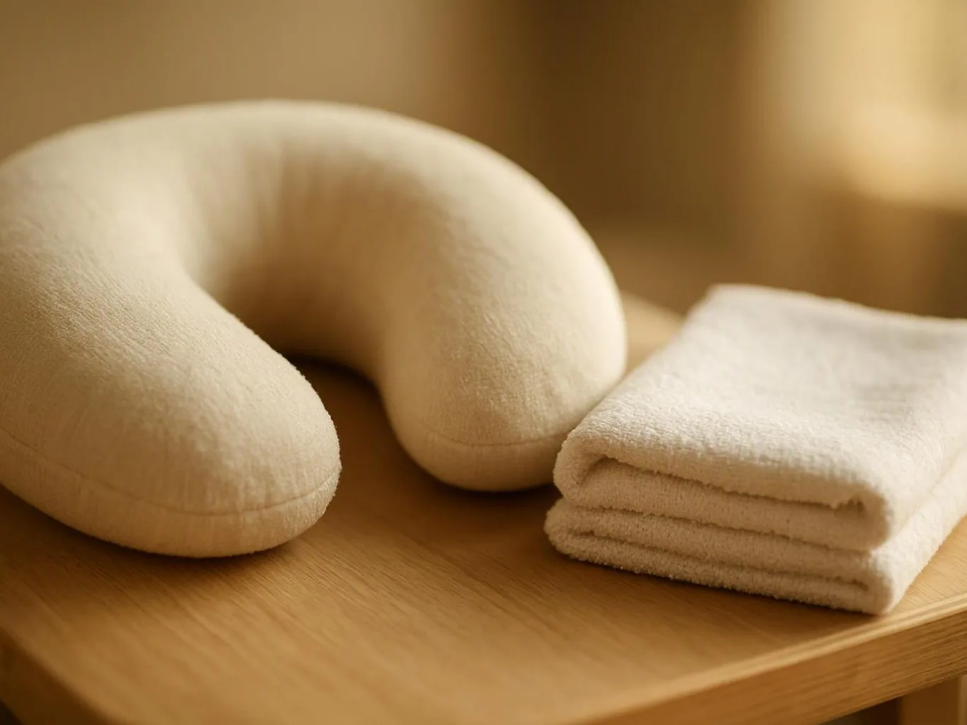 A cream neck pillow sits beside a folded white towel on a wooden surface