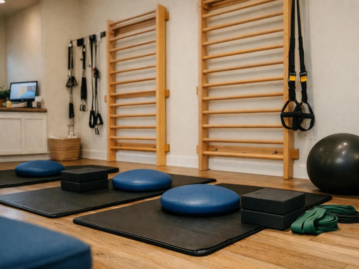 An empty exercise studio shows mats, balance cushions, blocks, straps, wall bars, and a black stability ball