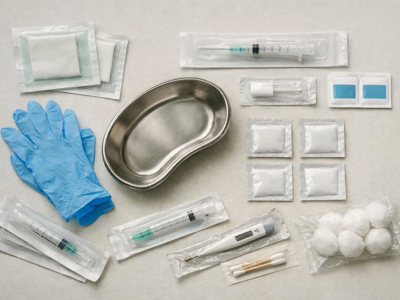 A flat lay of medical supplies, including gloves, syringes, cotton balls, swabs, gauze, and a kidney dish on a light surface