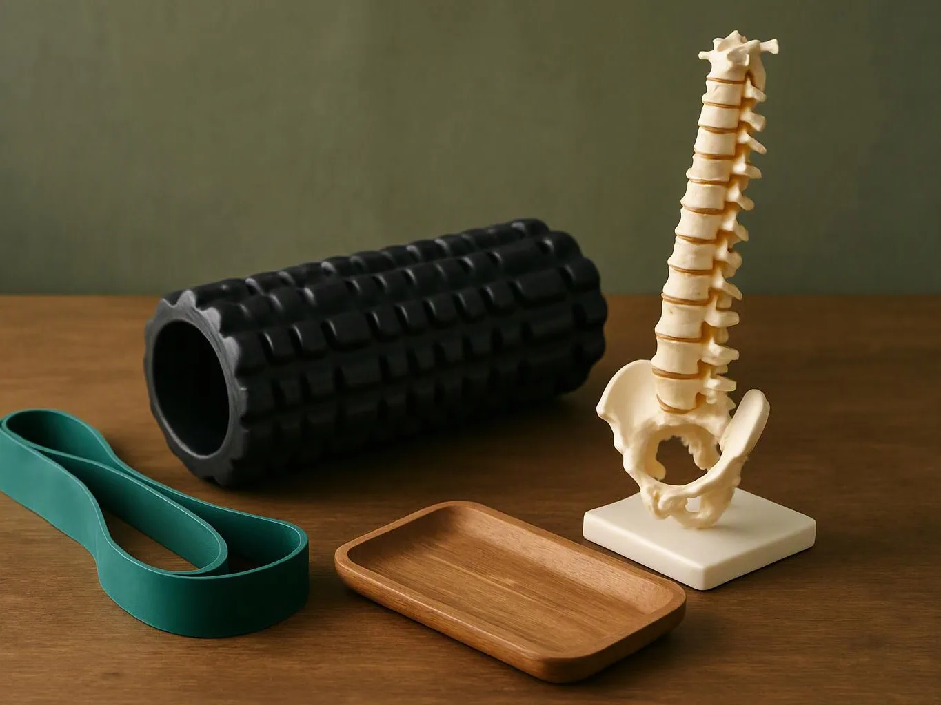A foam roller, resistance band, wooden tray, and spine model sit on a wooden table against a plain wall