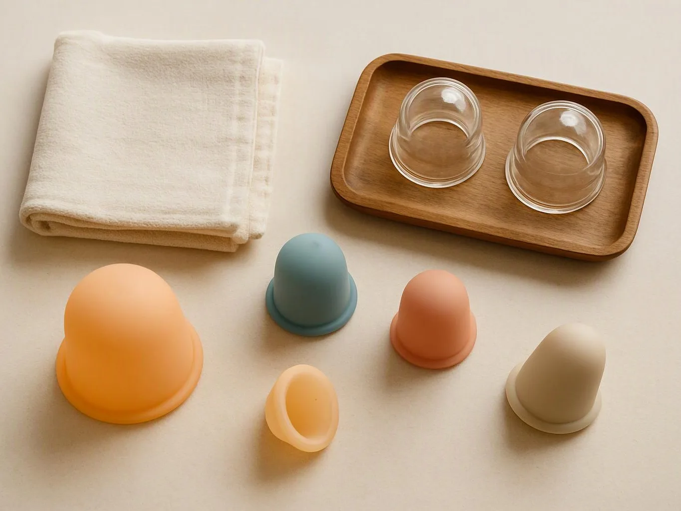 Folded cloth, a wooden tray with two clear cups, and several pastel menstrual cups on a light surface