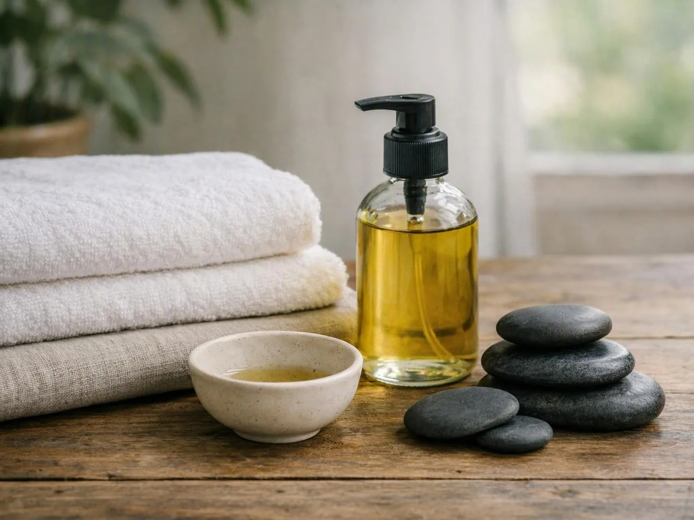 Folded towels, a bottle of oil, a bowl, and stacked stones sit on a wooden spa table