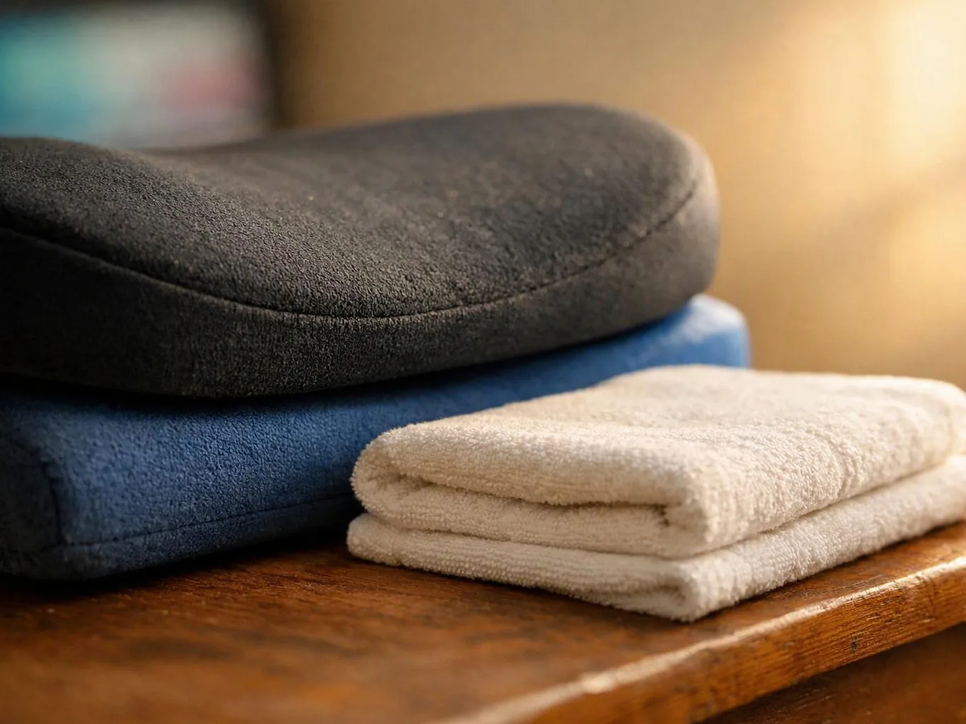 Folded towels sit beside stacked cushions on a wooden table in warm indoor light