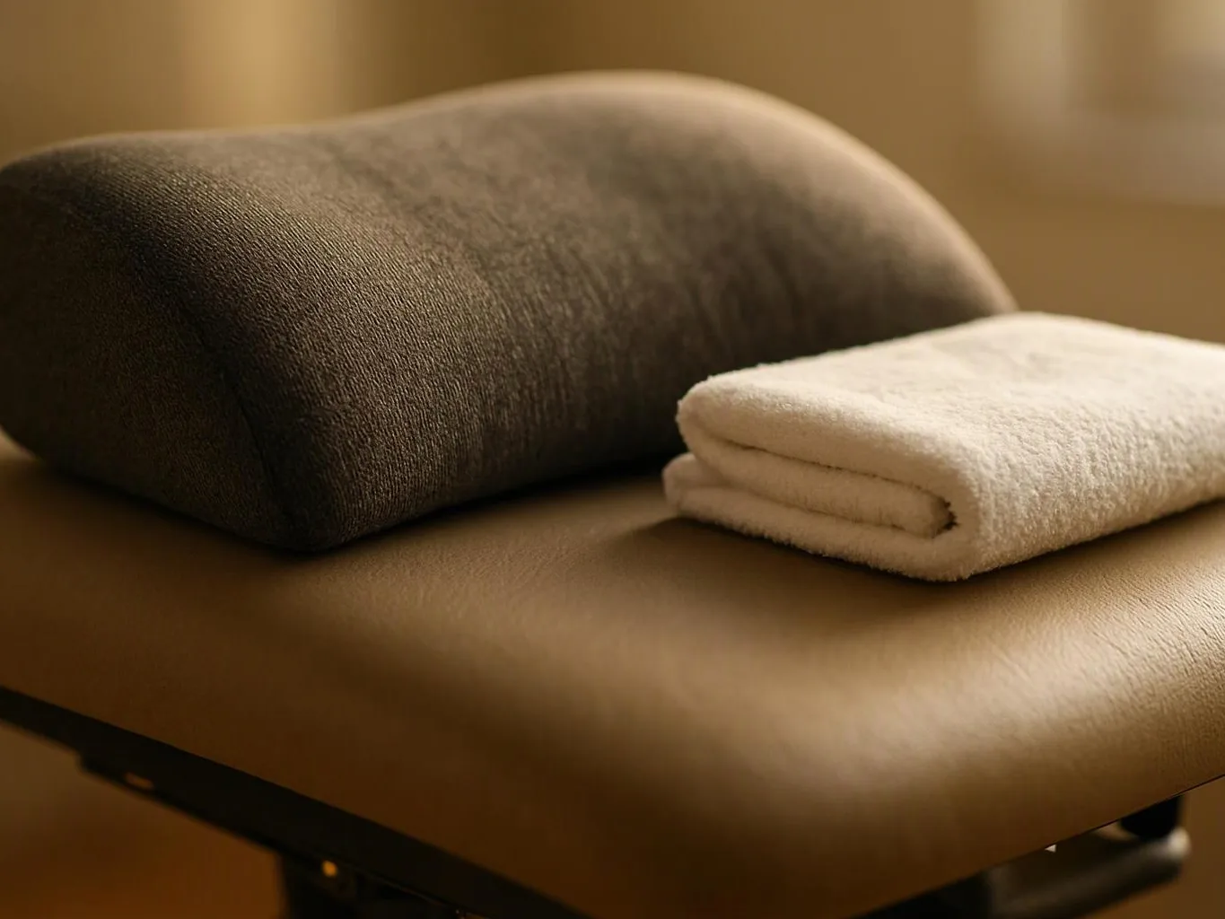 A folded white towel sits beside a dark cushion on a tan padded surface