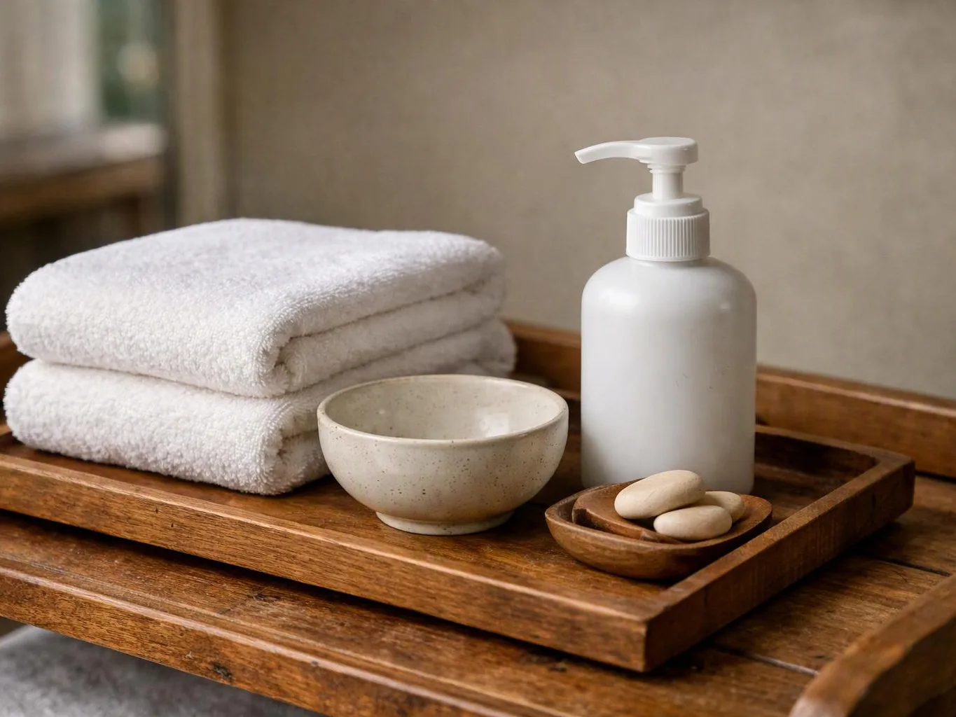 Folded white towels, a pump bottle, a bowl, and smooth stones rest on a wooden tray on a table