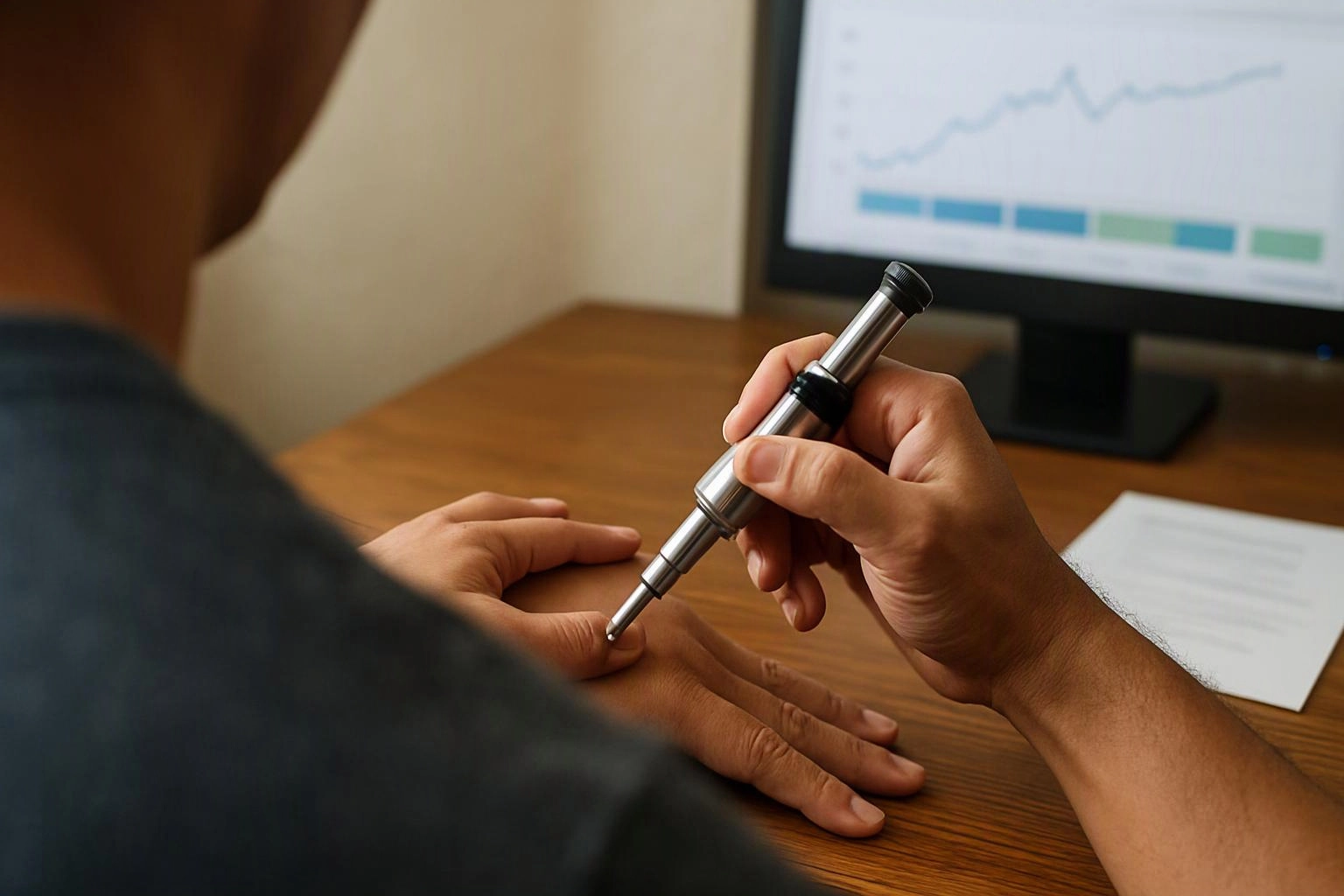 A person uses a handheld tool on another person's finger at a desk, with a chart on a monitor behind them
