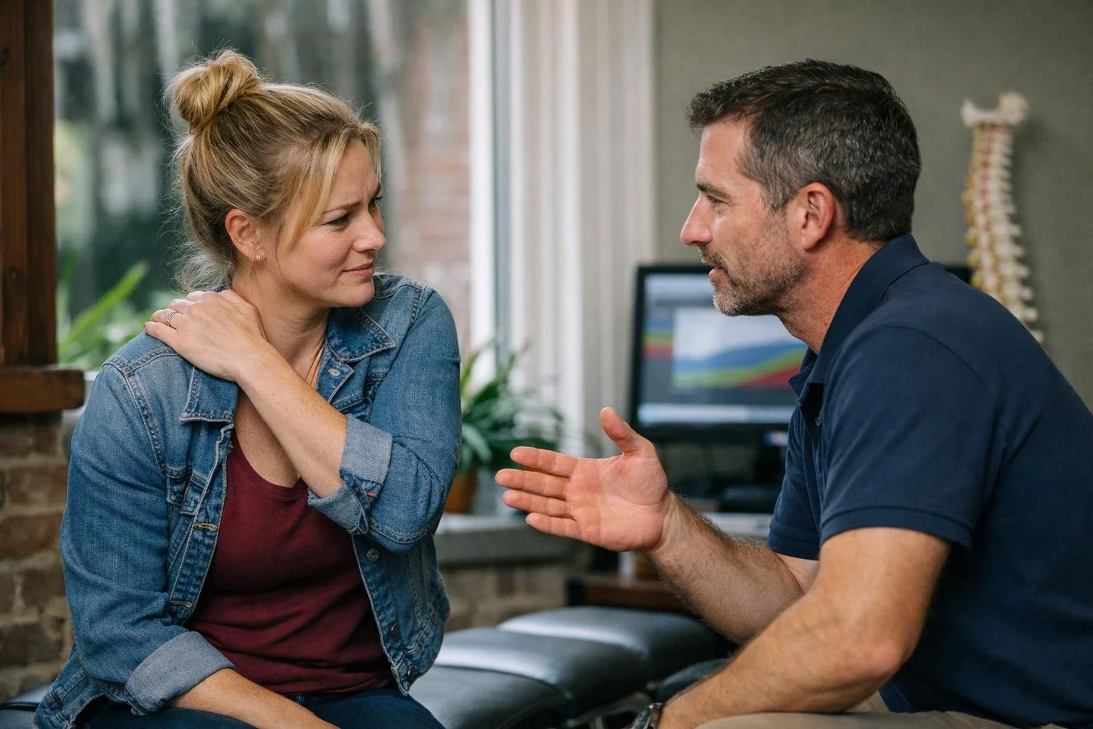 A woman and man sit facing each other in a clinic, talking with a spine model and computer behind them