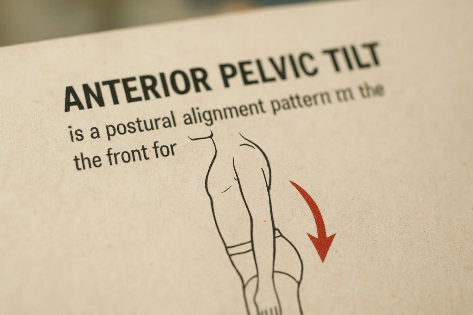 A close-up of a page shows text about anterior pelvic tilt beside a simple body outline and red arrow