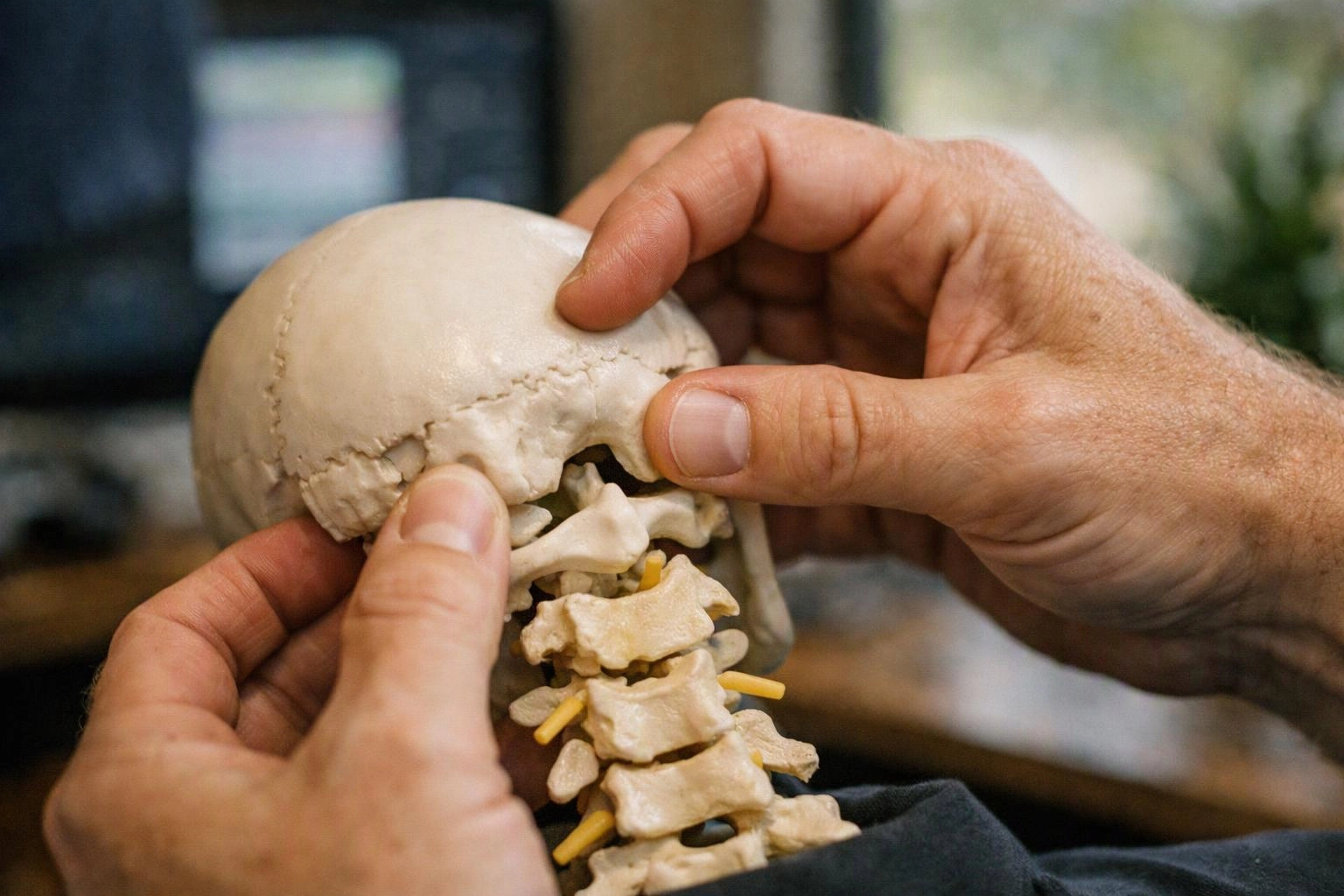Hands adjust a small human skull and neck model on a table indoors