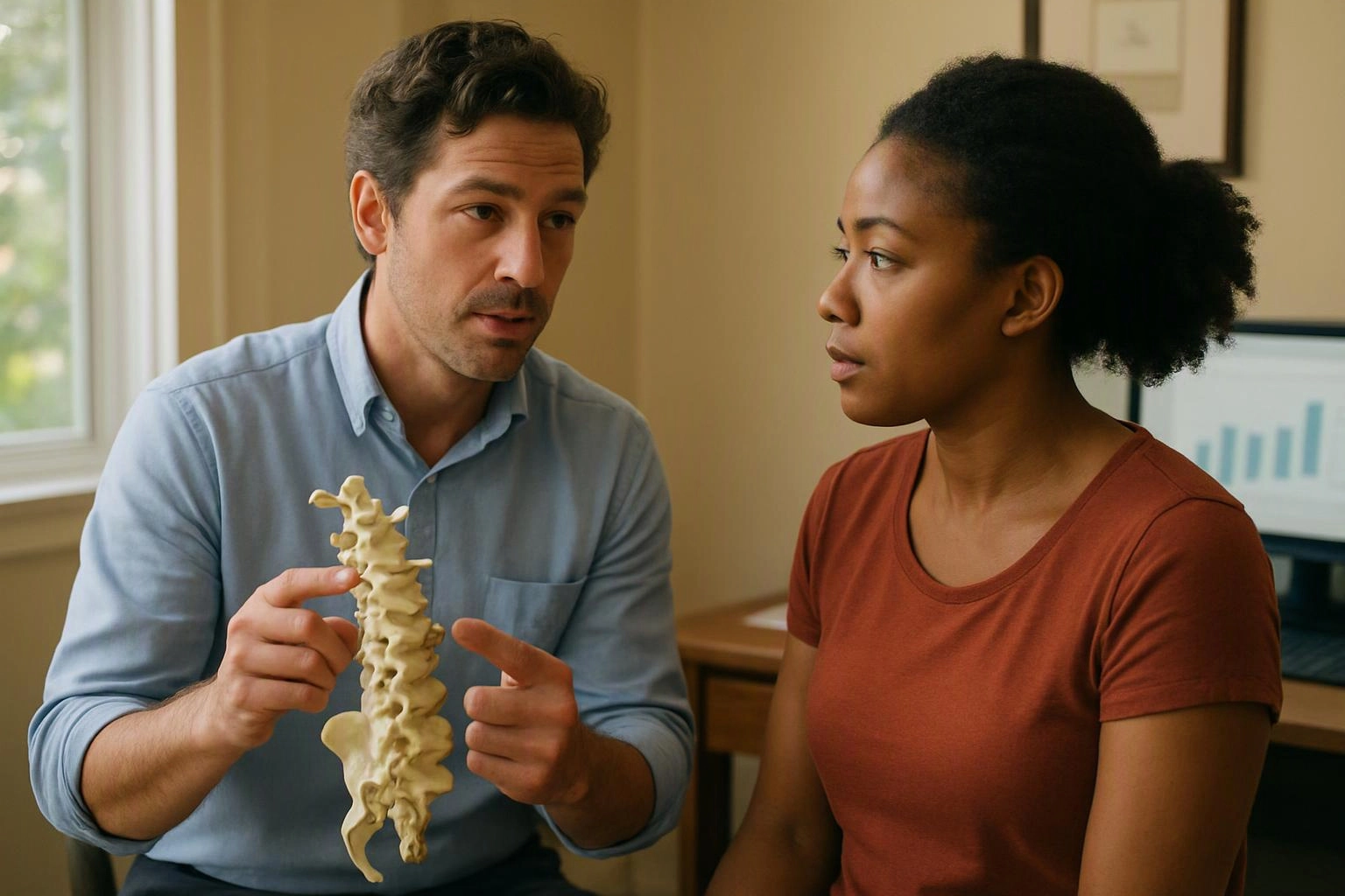 A man shows a spine model to a seated woman in a bright room with a computer monitor nearby