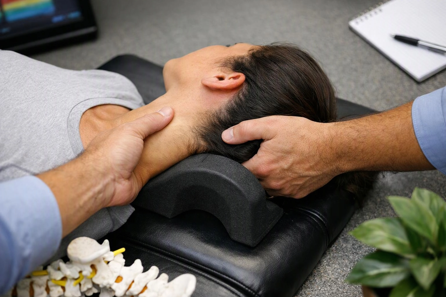A practitioner gently adjusts a woman’s neck as she lies on a padded treatment table