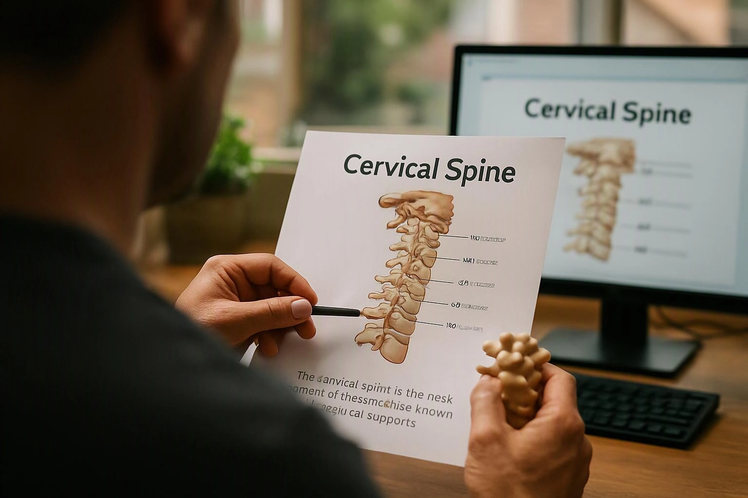 A person studies a cervical spine diagram while holding a small model beside a computer monitor in an office setting