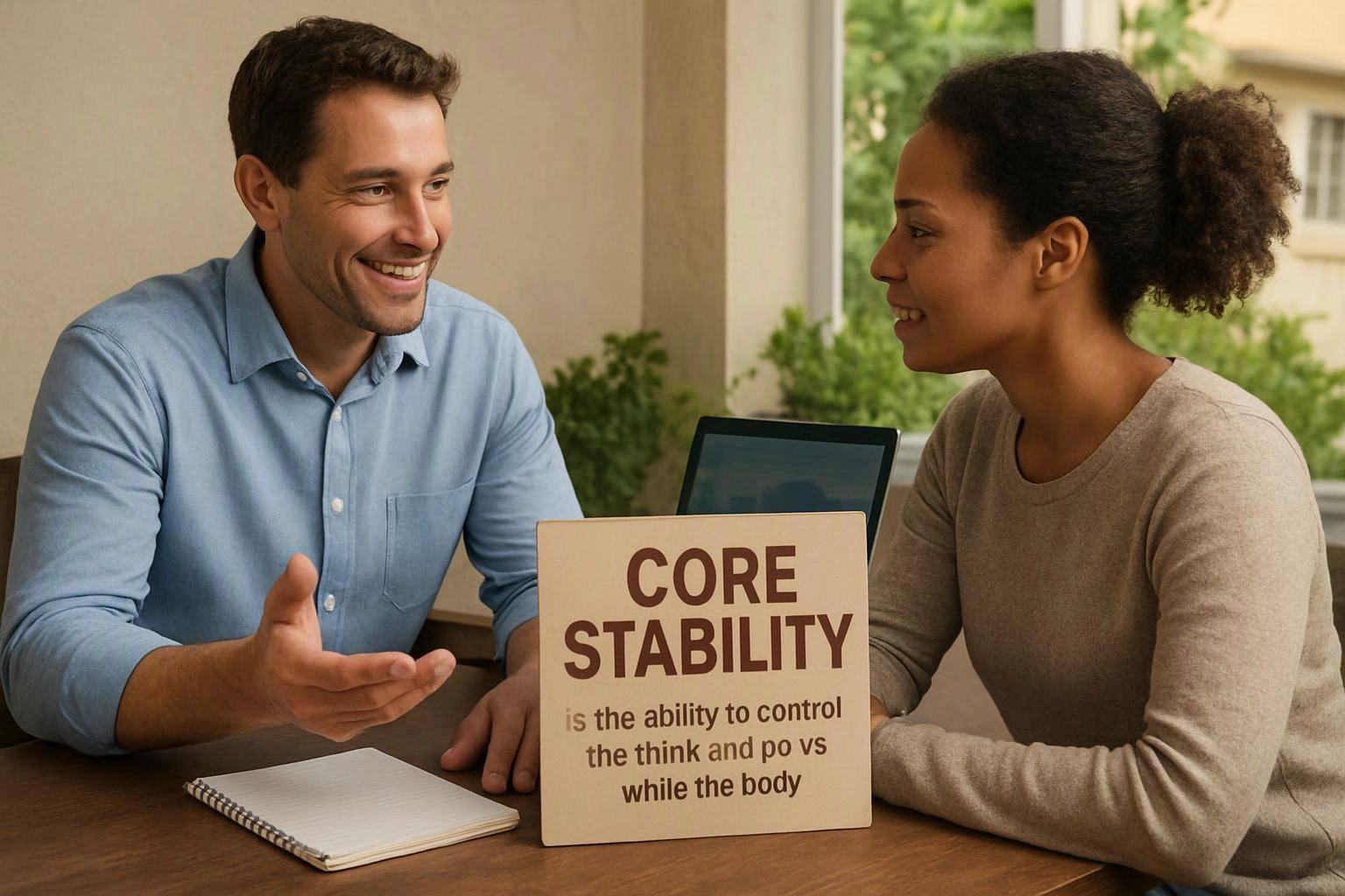 Two people sit at a table talking, with a sign about “CORE STABILITY” between them and a notebook nearby