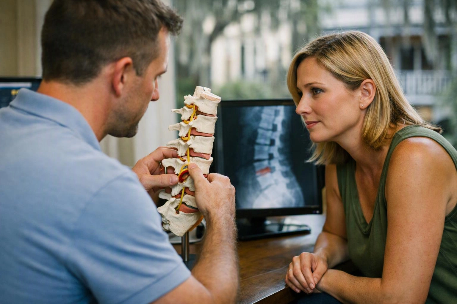A doctor shows a spine model to a woman beside an X-ray image on a desk screen