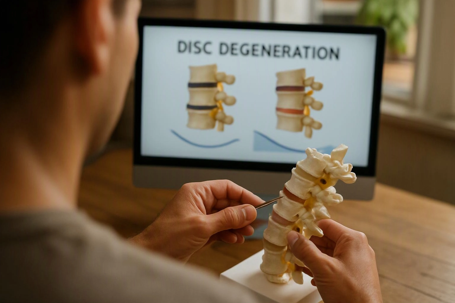 A person examines a spine model while a monitor behind shows “DISC DEGENERATION” diagrams