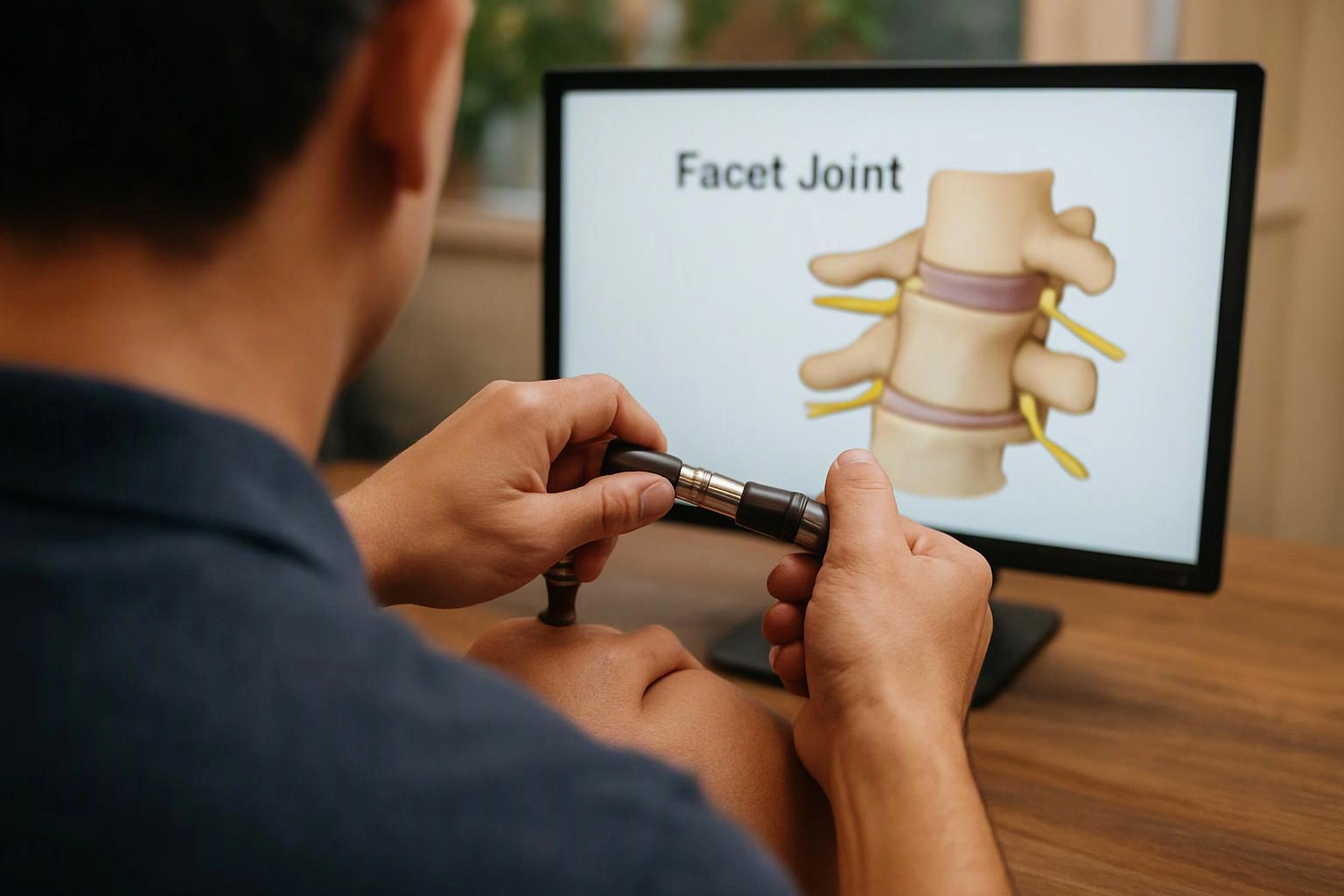 A person holds a small tool while viewing a monitor that shows a facet joint diagram