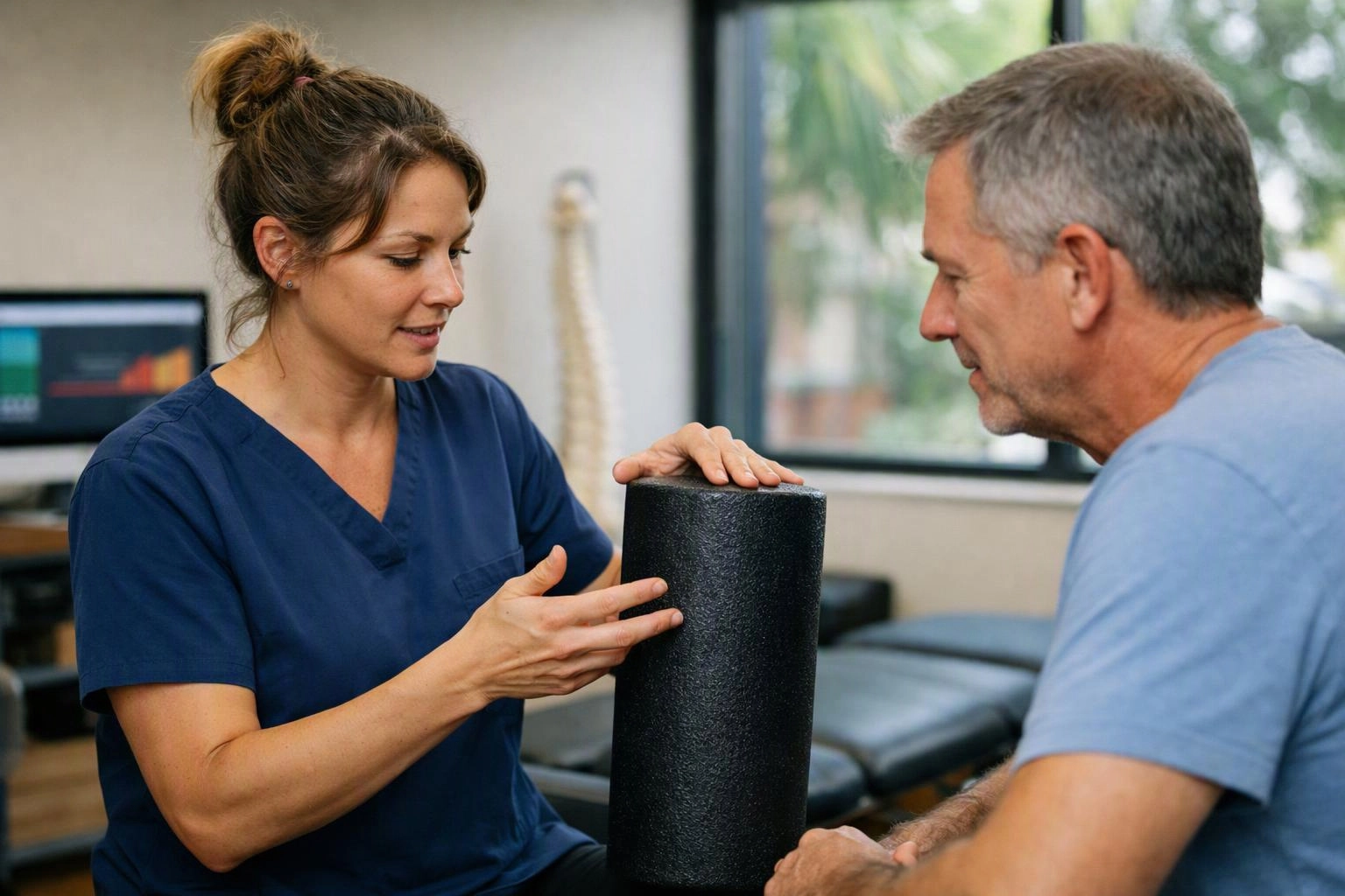 A woman in navy scrubs examines a black foam roller while speaking with a seated man in a clinic room