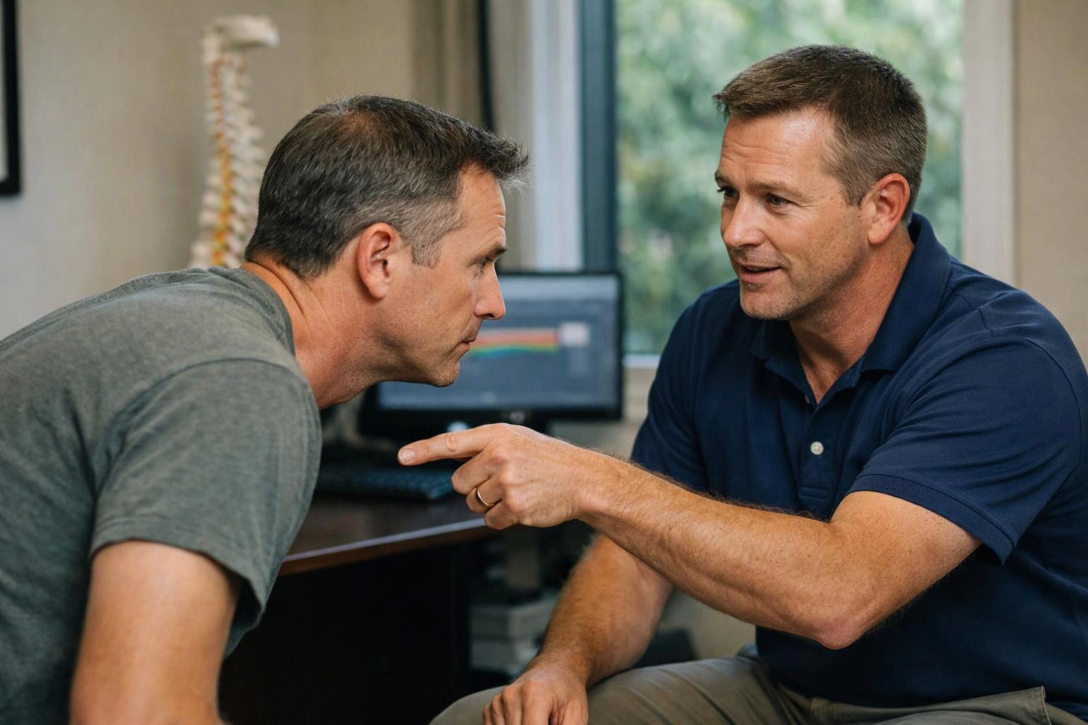 Two men talk closely in an office, one pointing while a spine model and computer sit behind them