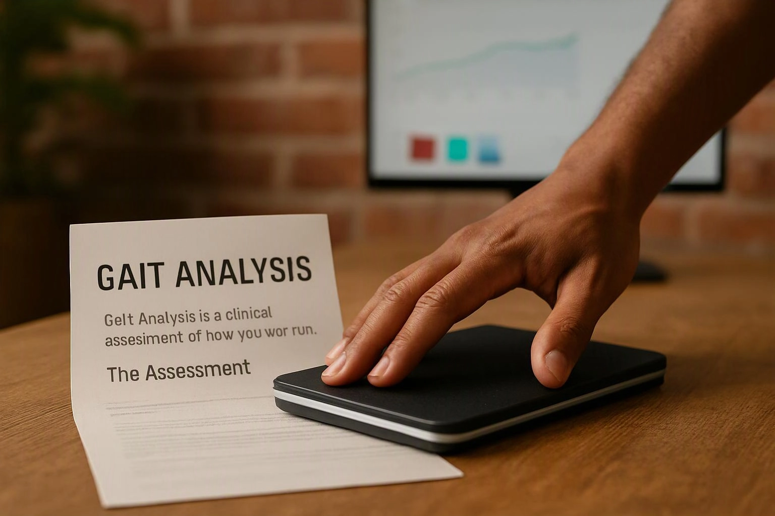 A hand rests on a black device beside a card reading “GAIT ANALYSIS” on a wooden table