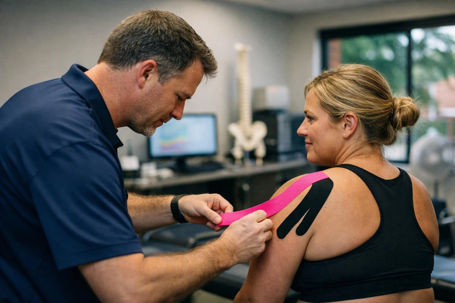 A man applies pink kinesiology tape to a woman’s shoulder in a clinic room