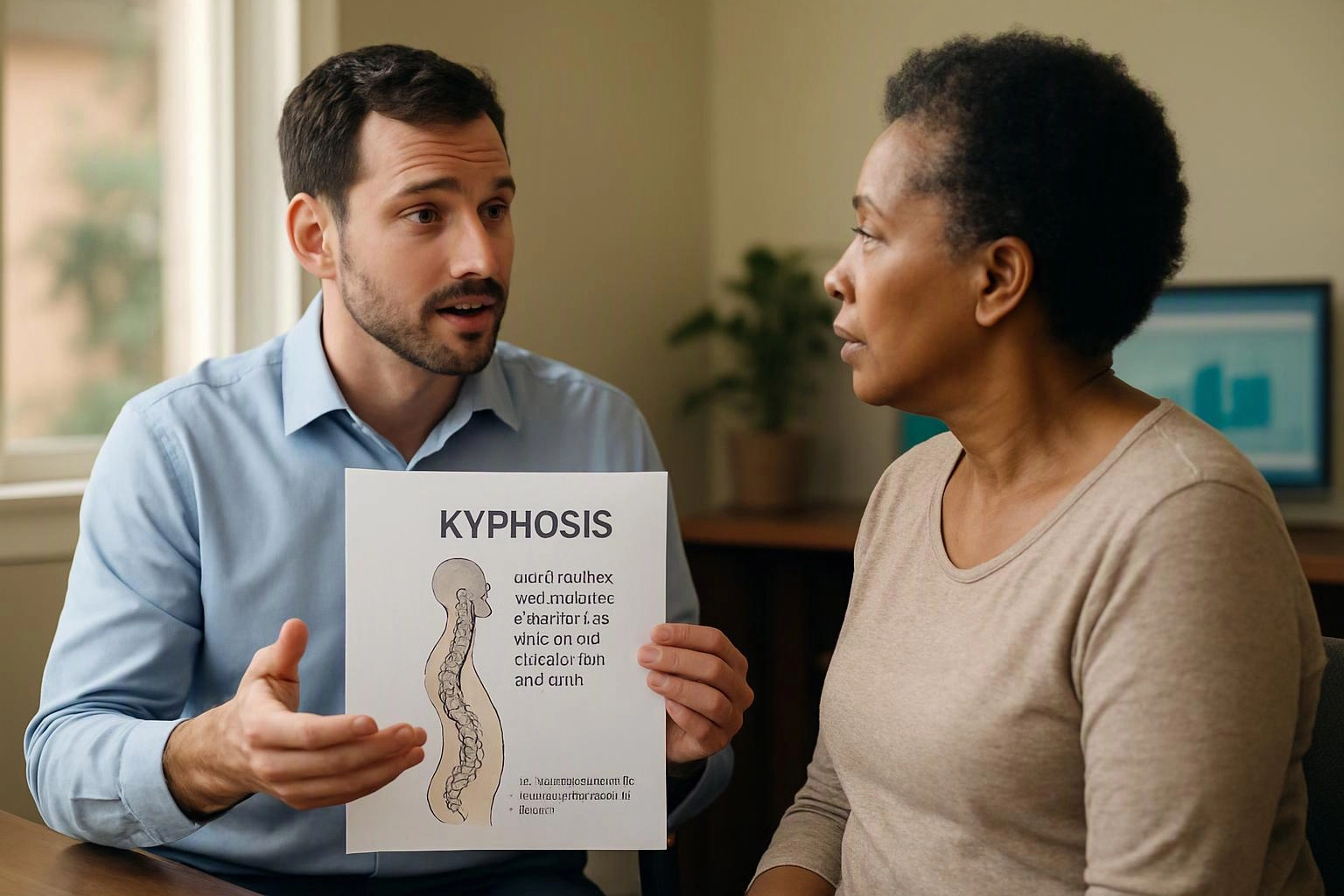 A man shows a kyphosis information sheet to a woman in a quiet office setting