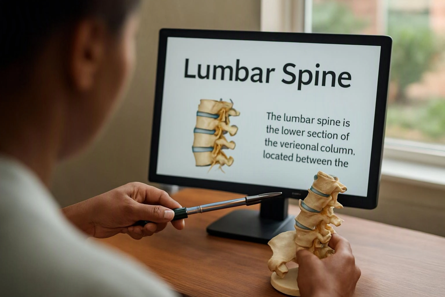 A person points at a computer screen showing “Lumbar Spine” while holding a spine model at a desk