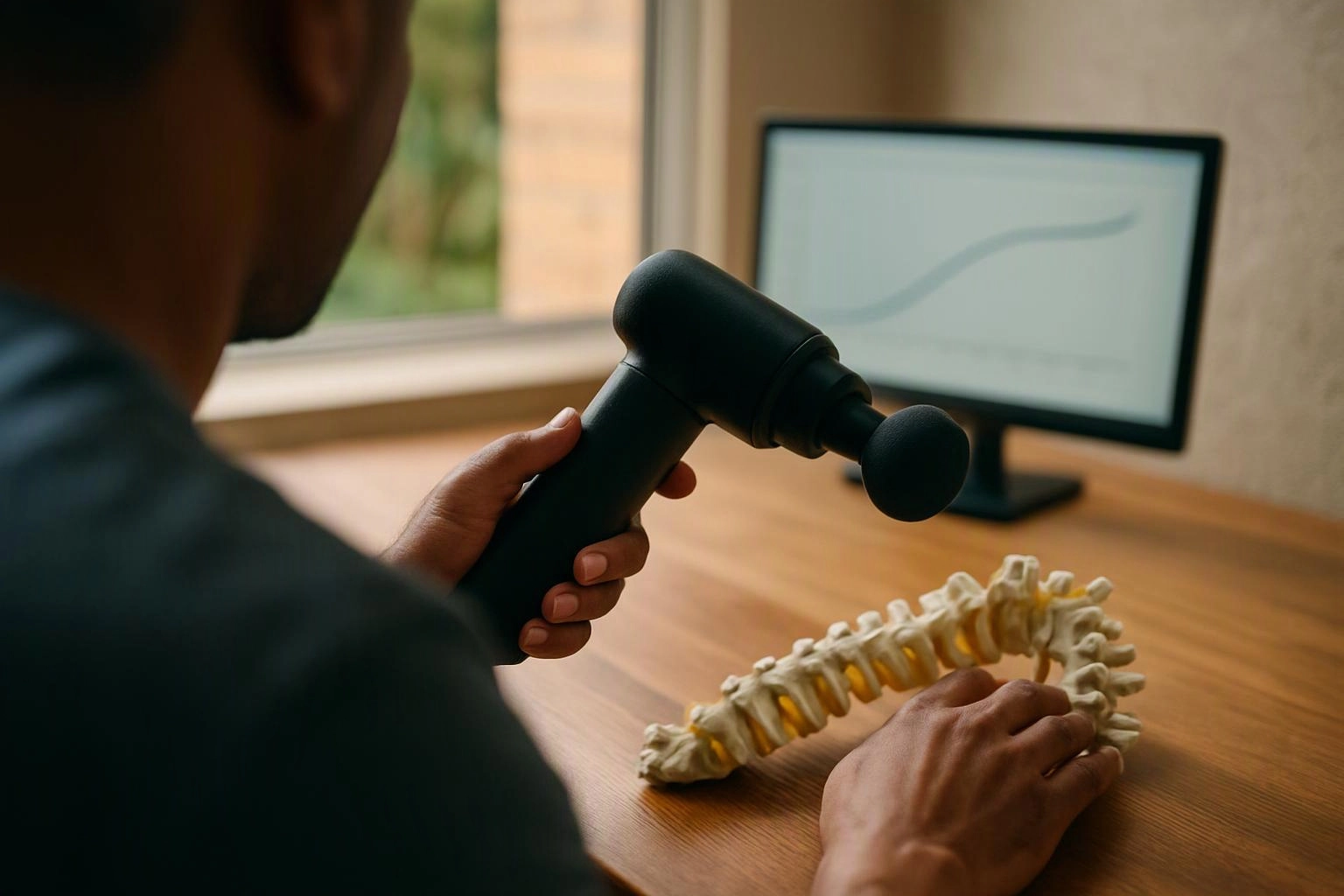A person holds a massage gun over a spine model on a wooden desk beside a monitor