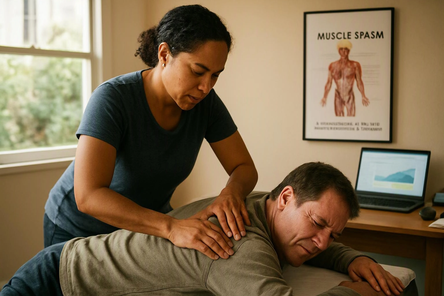 A woman presses a man’s back on a massage table in a bright therapy room