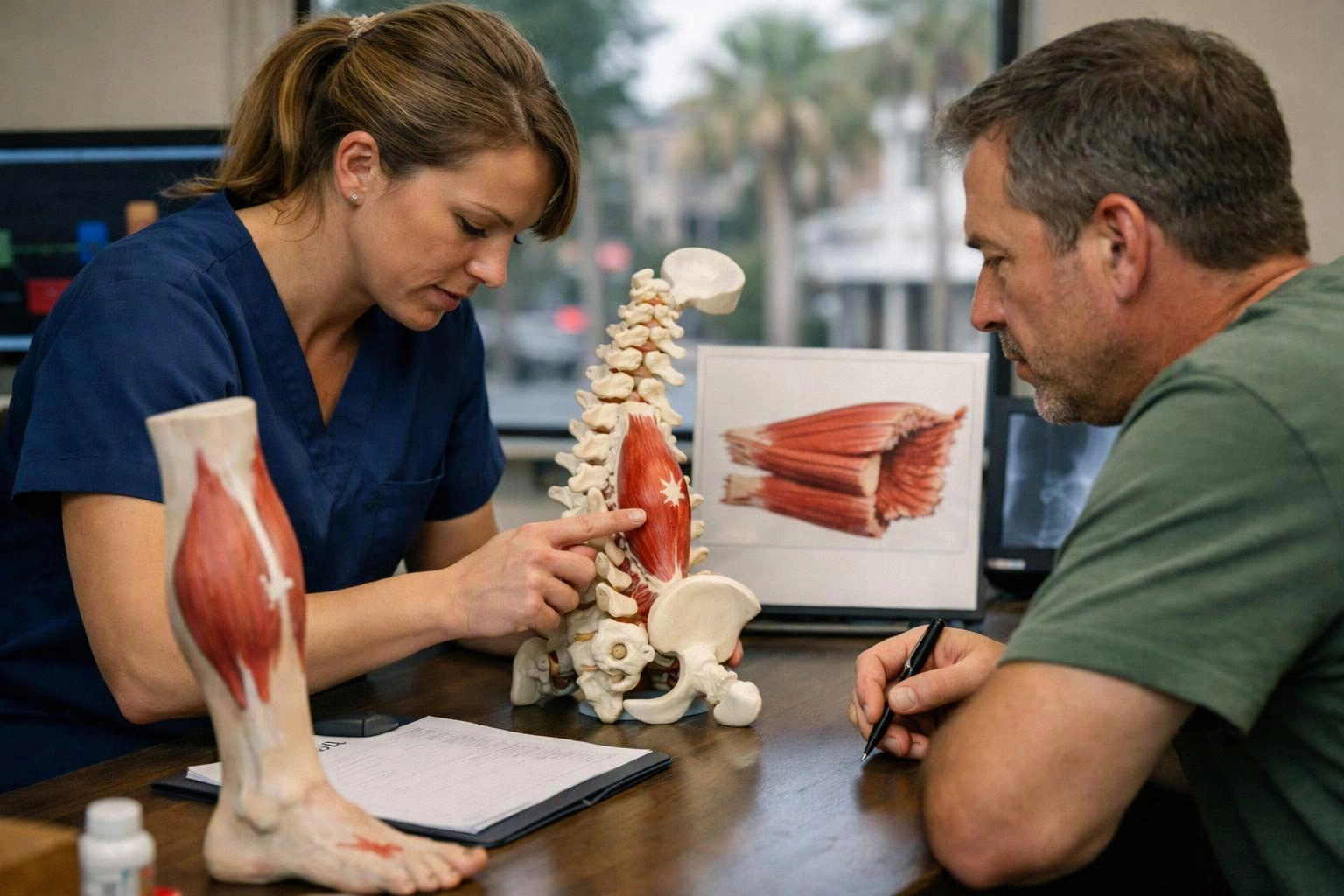 A woman in scrubs points to a spine model while a man studies it at a desk in a clinic room