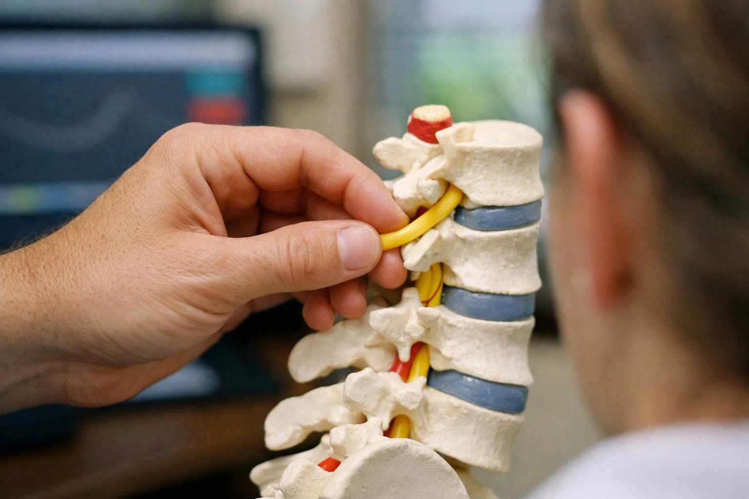 A hand holds a spine model while a person watches in a clinic setting
