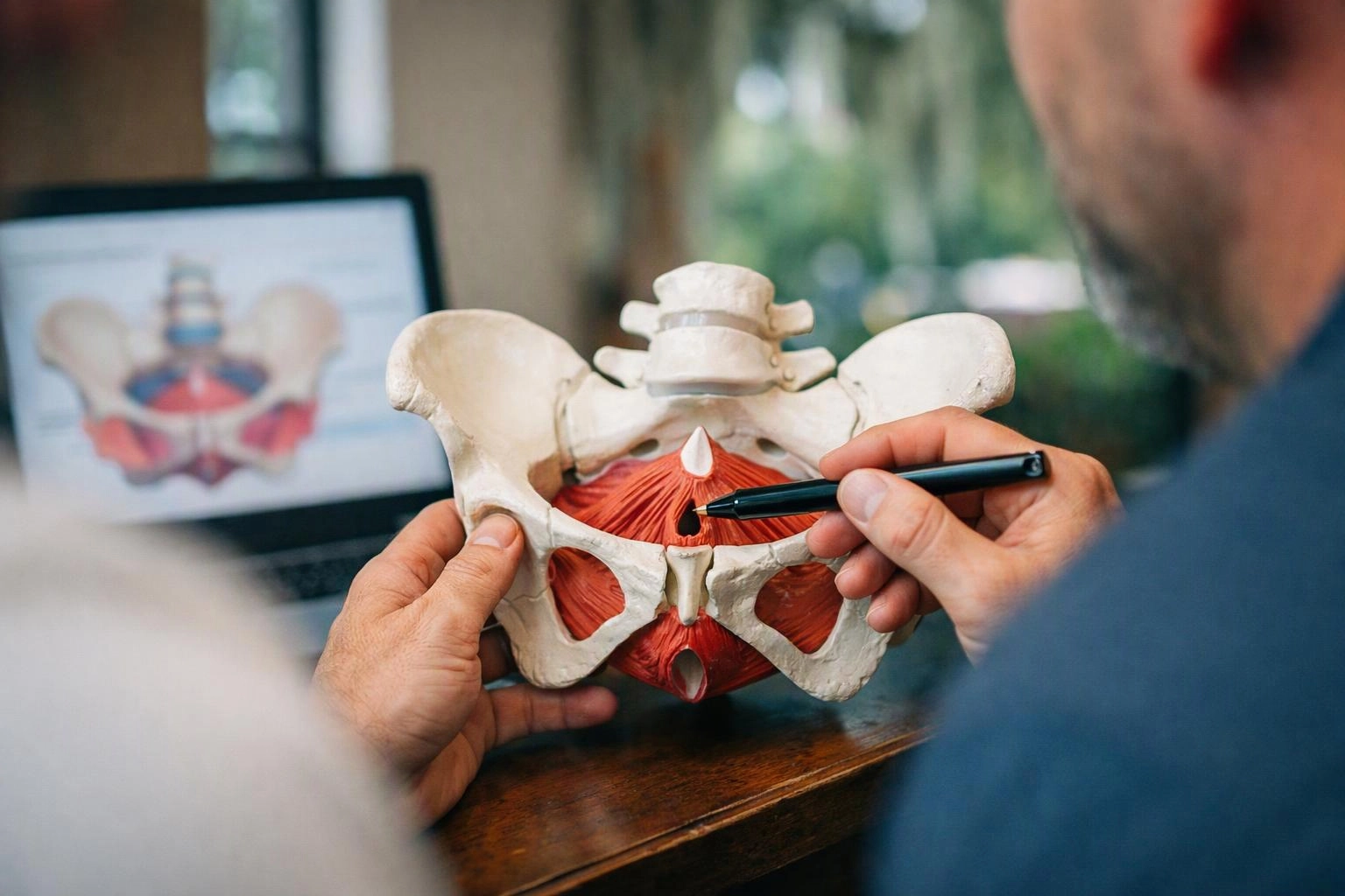 A person points at a pelvis anatomy model while another holds it near a laptop showing a diagram