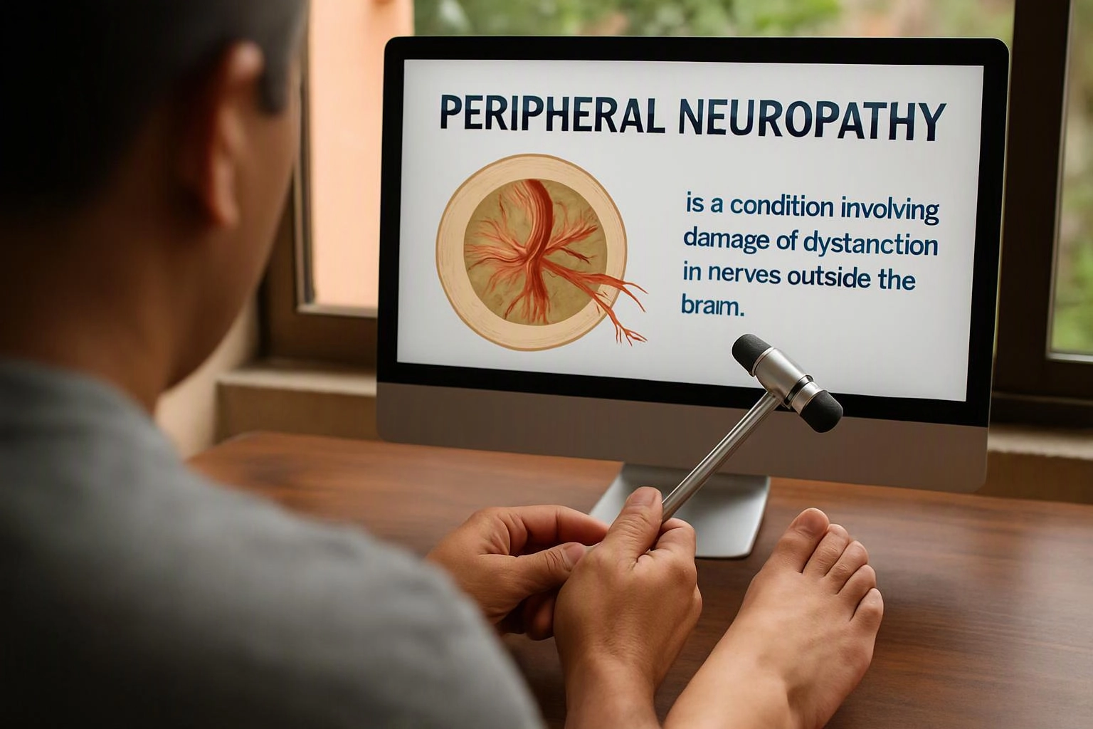 A person taps a bare foot with a reflex hammer while viewing a neuropathy slide on a computer screen