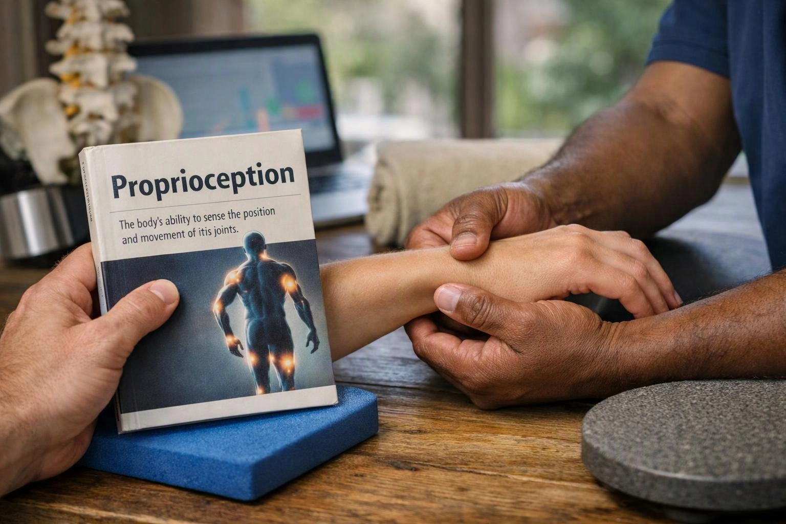 A therapist gently holds a patient’s forearm beside a proprioception book on a wooden table