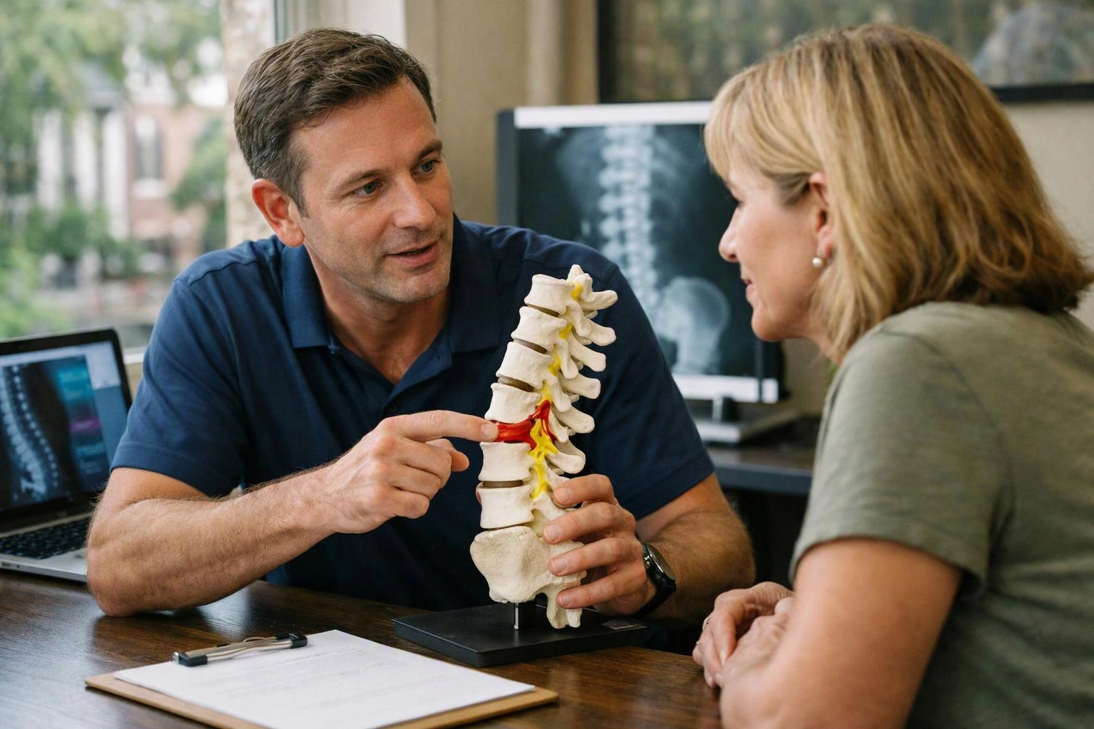 A doctor points to a spine model while talking with a woman in a medical office