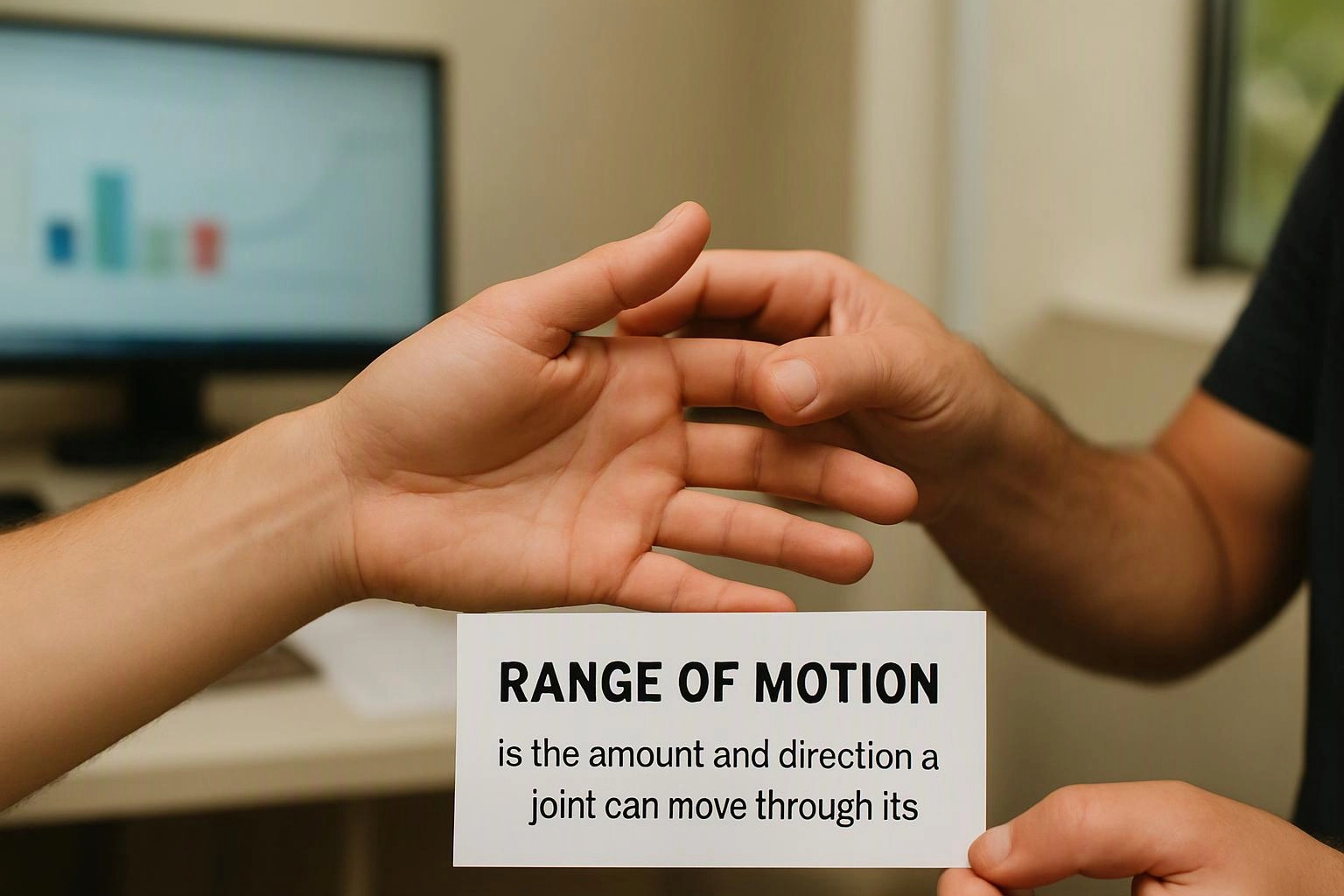Two hands reach toward each other above a card about range of motion in a clinic room