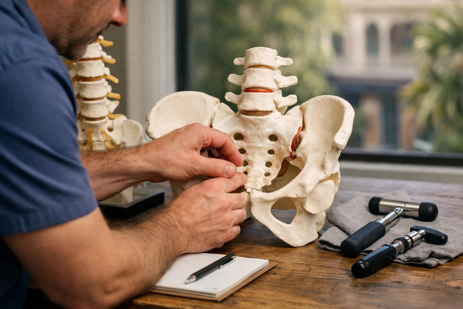 A man examines a pelvis and spine model on a wooden table beside medical tools and a notebook