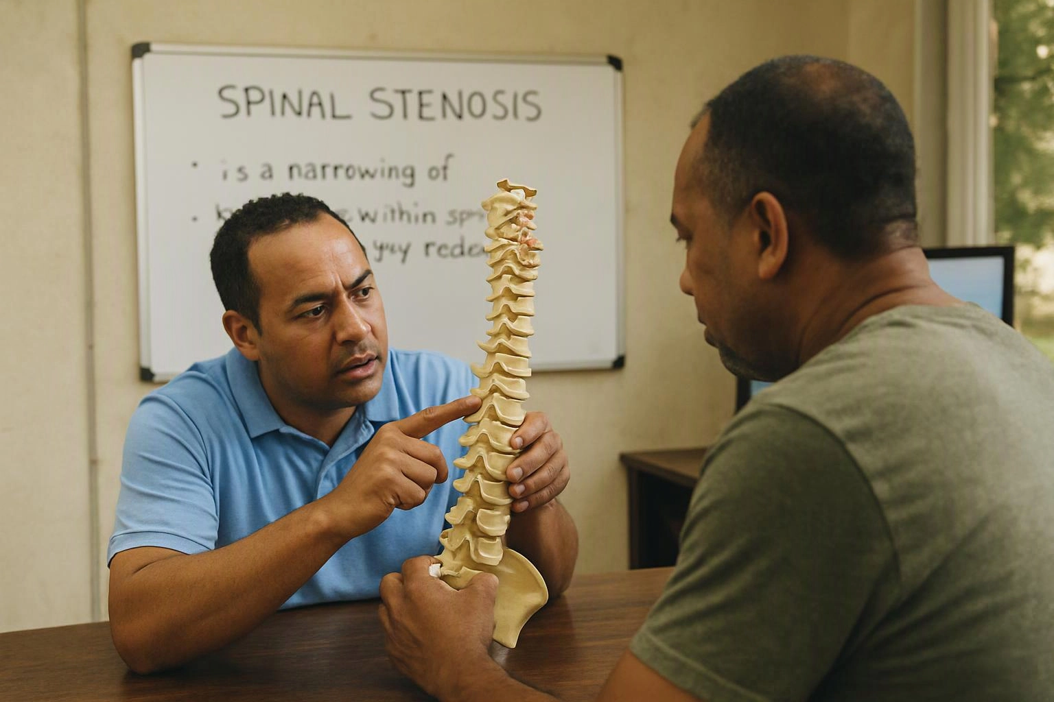 A man in a blue shirt points at a spine model while talking to another man in a clinic room