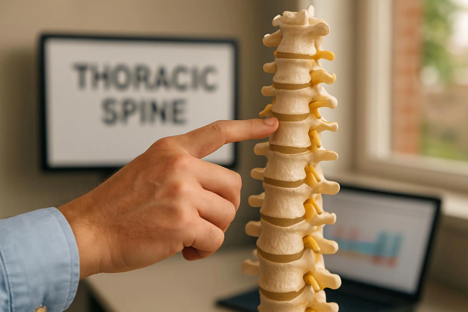 A hand points at a spine model beside a blurred “THORACIC SPINE” sign in a medical office