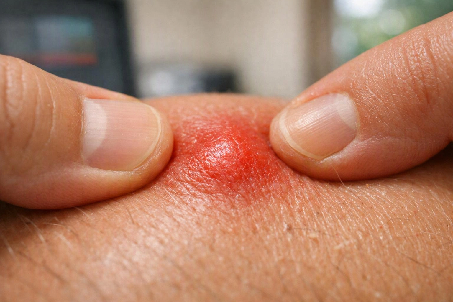 Two thumbs press a red, swollen bump on skin in a close-up indoor view