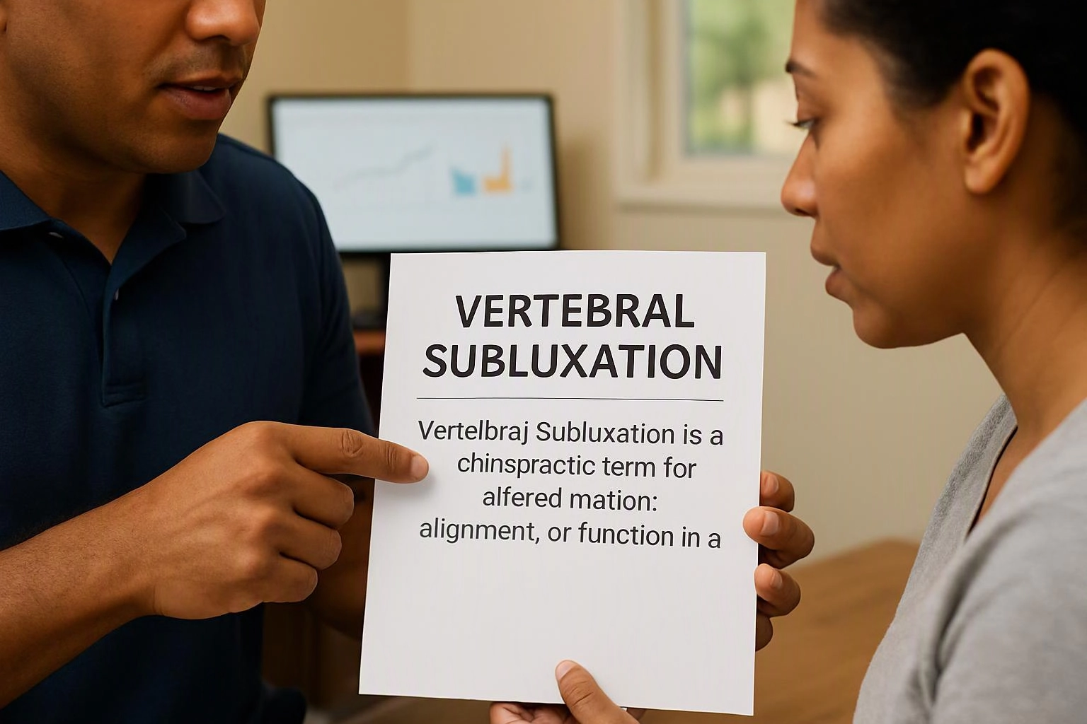 Two people examine a paper labeled “VERTEBRAL SUBLUXATION” in a bright office